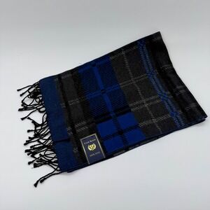 Club Room Mens 100%‎ Silk Plaid Scarf Blue Grey Black Fringe 4103NVY469 NWT